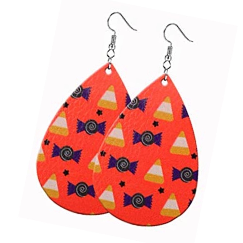 ORANGE HALLOWEEN FAUX LEATHER TEAR DROP EARRINGS WITH CANDY DECOR